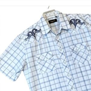 Liquid Western Plaid pearl snap Short Sleeve Shirt‎ XXL Blue Embroidered